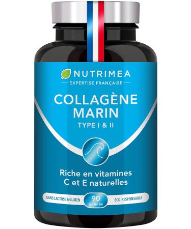 MARINE COLLAGEN - Type 1 & 2 PATENTED Pure and Natural - Vitamins A C & E Plant-based - Nutrimea - Skin Hydration - Protects Bones and Joints - 900 mg - 90 Capsules - Made in France