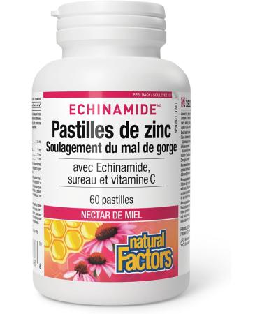 Natural Factors Zinc Lozenges Honey Blossom Flavour 60 lozenges with Echinamide Elderberry & Vitamin C Sore Throat Relief Helps Maintain Immune Function - Buy Online on GoSupps.com