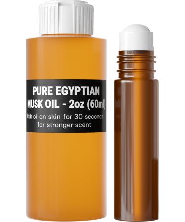 AromaZen 2oz (60ml) Pure Egyptian Musk Oil for Women & Men with Amber Glass Empty Roll On Bottle 10ml - Best Original Fragrance Aromatherapy Perfume Cologne Essential Body Oil in Bulk