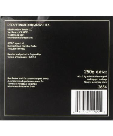 Taylors of Harrogate Decaffeinated Breakfast Tea 100 Wrapped & Tagged Tea Bags - Buy Online on GoSupps.com