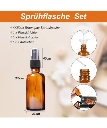 Buy Braunglas Spray Bottle 4x50ml - Empty Glass Atomizer for Perfume Make-Up Travel | Fine Fog Water Bottle | Includes Funnel & Labels - Buy Online on GoSupps.com