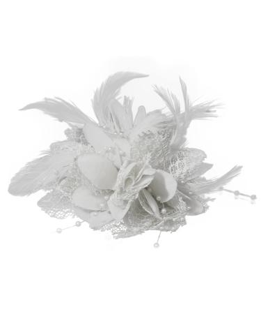 Flower Feather Bead Corsage Hair Clips Fascinator Hairband and Pin (White)