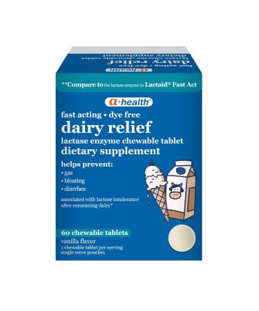 A+Health Dairy Relief Lactase Enzyme 9000 FCC Chewable Tablets 60 Count Fast Acting Dye-Free Dietary Supplement Vanilla Flavor Single Serve Pouches for Adults and Children 4 Years and Up 60 Count (Pack of 1)