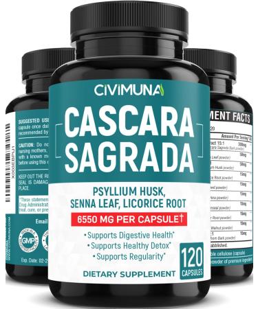 CIVIMUNA Cascara Sagrada Bark Extract Capsules | 6550mg | 120 Capsules - 4 Months Supply | Cascara Sagrada Bark Senna Leaf Psyllium Husk Powder.