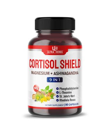 CORTISOL SHIELD 9 in 1-15 250mg Magnesium + Ashwagandha with Phosphatidylserine L-Theanine St. John's Wort Rhodiola Rosea - Relaxation Support Hormone Balance- USA made (90 count (pack of 1))