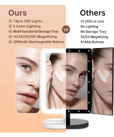 GoSpire Trifold Makeup Mirror with 10X/5X/3X/1X Magnification, 74 Led Lights, 3 Light Colors & Adjustable Brightness - LED Vanity Mirror for Women in White - Buy Online on GoSupps.com