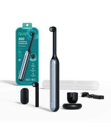Quip 360 Oscillating Rechargeable Electric Toothbrush with Extra Brush Head - Soft Bristles Pressure Sensor 3 Intensities 30-Day Battery Life 2-Min Timer Travel Case Mirror Mount - Blue Stone