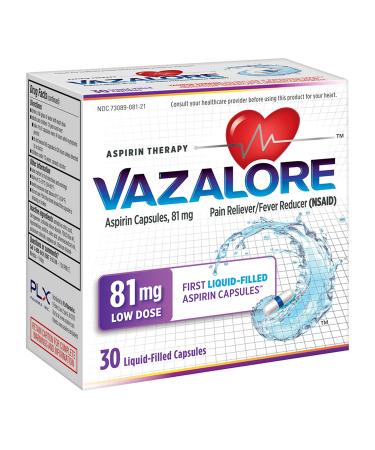 VAZALORE™ Aspirin 81mg for Adults | Low Dose Aspirin Heart Therapy | Liquid-Filled Capsules to Help Protect Stomach | Pain Relief | 30 Count 30 Count (Pack of 1)