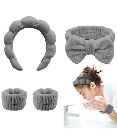 TLUXX 4-Piece Spa Headband & Wristband Set  Reusable Makeup & Skincare Accessories for Face Washing  Preventing Liquid Overflow - Ideal for Women & Girls Gray