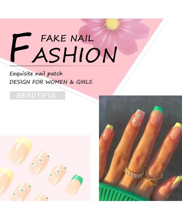 24Pcs Short French Green Press on Nails with Glue - Elegant Square False Nails for Women & Girls | Glossy Acrylic, Full Cover Stick on Nails - Style 7 - Buy Online on GoSupps.com