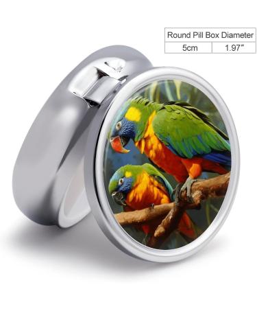 Round Pill Box with Parrot Painting - 3 Compartment Pill Organizer - Decorative Metal Portable Pocket Pill Case - Buy Online on GoSupps.com