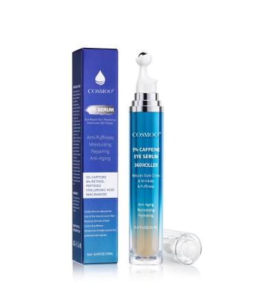 COSMOO Eye Serum 360 Rolling Massage Ball Under Eye Cream with 5% Caffeine 8% Retinol Hyaluronic Acid for Dark Circles Puffiness Wrinkles Fine Lines 0.5 fl. oz