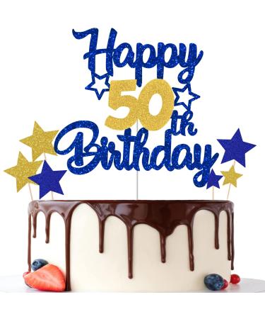 Gidobo 50th Birthday Cake Toppers Blue Gold Glittery Cake Decorations with Stars Fifty Years Old Birthday Party Supplies for Men and Women Blue&gold 50th