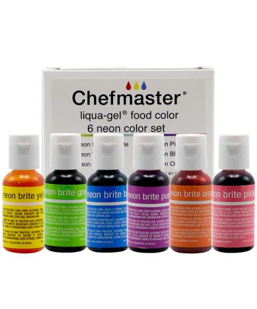 Chefmaster - Neon Liqua-Gel Food Coloring - Fade Resistant Food Coloring - 6 Pack of 20ml Bottles - Stunning, Vivid Colors with Lightweight and Easy-To-Blend Formula - Made in the USA