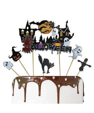 EOQPDECD 11 Pcs Halloween Cake Toppers 1 Big and 10 Small Demon Pumpkin Black Cat Ghost Cake Decors Cupcake Toppers for Halloween Theme Party Birthday Cake Decors Supplies