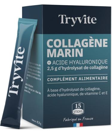 Type 1 and 2 Premium Marine Collagen with Vitamins C & E | 2500 mg Hyaluronic Acid Marine Collagen for Skin Hair & Joints | High Absorption | TRYVITE | 15 Sticks