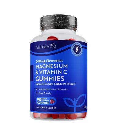 Nutravita Magnesium Citrate Gummies with Vitamin C Vegan High Strength 2136 mg Citrate with 200 mg elemental mg Magnesium Supplements with Vitamin C Supports Energy and Reduces Power