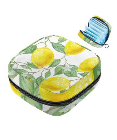 Menstruation pad bag with zipper women's napkin bag tampons collection bags for women and girls (leaf green yellow lemon fruits)