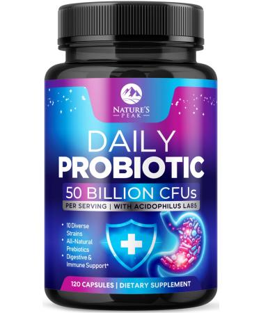 Probiotics 60 Billion CFU - 10 Strains + Digestive Enzymes & Prebiotics - Best Probiotic for Women & Men Supports Immune Gut Health Occasional Constipation Diarrhea Gas & Bloating - 120 Capsules 120 Count (Pack of 1)