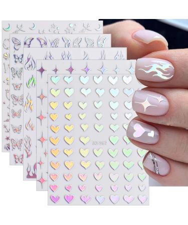 8 Sheets Butterfly Nail Art Stickers 3D Self Adhesive Nail Art Design Heart Laser Nail Sticker Holographic Glitter Butterfly Flame Laser Silver Flowers Nail Decals for Women Girls DIY Manicure Tips C4