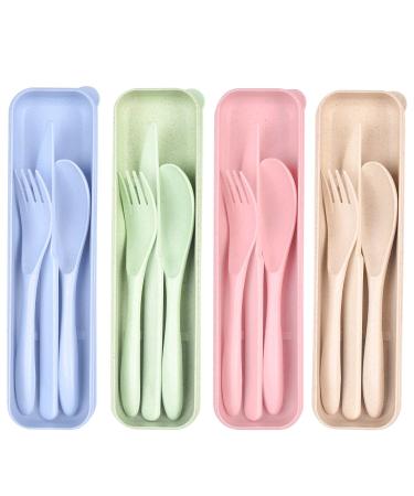 Travel Utensil Set with Case, 4 Sets Wheat Straw Reusable Spoon Knife Forks Tableware, Eco Friendly Non-toxin BPA Free Portable Cutlery for Travel Picnic Camping or Daily Use 4 Pcs