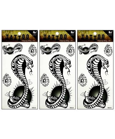 ONCEX 3 Sheets Black cobra Temporary Tattoos Women Men Art Waterproof Stickers Cobra Snake Cartoon Designs Body Arms Legs Shoulder or Back Tattoo Fake 3D Removable