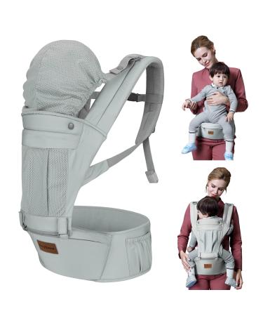 Baby Carrier with Hip Seat, Baby Carrier Newborn to Toddler 5 to 36 Months, Ergonomic Toddler Carrier with Detachable Hood, 6-in-1 All Positions, Adjustable Size Grey