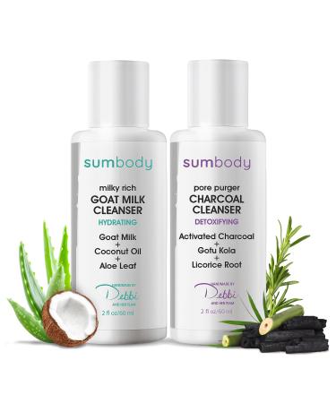 Goat Milk & Deep Pore Detoxifying Charcoal Face Wash Duo - Hydrating Facial Cleanser for Oily Skin Organic Day and Night Gentle Skin Cleanser Travel Face Wash for Men and Women Made in USA