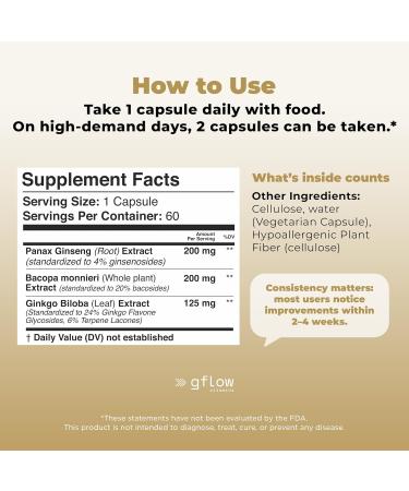 gflow vitamins Bacopa Monnieri Supplement with Ginseng and Ginkgo Biloba | Made in The USA | 60 Capsules, 30 Servings - Buy Online on GoSupps.com