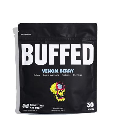 BUFFED Energy Powder Stick Packs Drink Mix | Clean Healthy Boost Packets | 150mg Caffeine + Hydration | Nootropics Organic Mushrooms B-Vitamins Electrolytes | 30 Pack-Venom Berry
