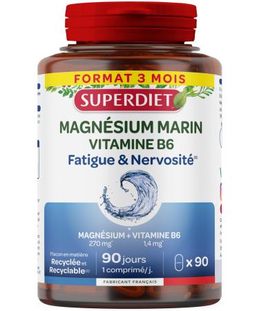 SUPERDIET - Marine Magnesium and Vitamin B6 - Reduction of fatigue Good functioning of the nervous system- 90 tablets
