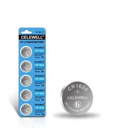 CELEWELL CR1620 5 Pack CR 1620 Battery for Key Fob Tracker 70mAh 3V Lithium Coin Cell 5-Year Warranty