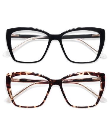 AMOMOMA Trendy TR90 Oversized Blue Light Reading Glasses Women,Stylish Square Cat Eye Glasses AM6031 C1.black+c6.tortoise 1.5 x