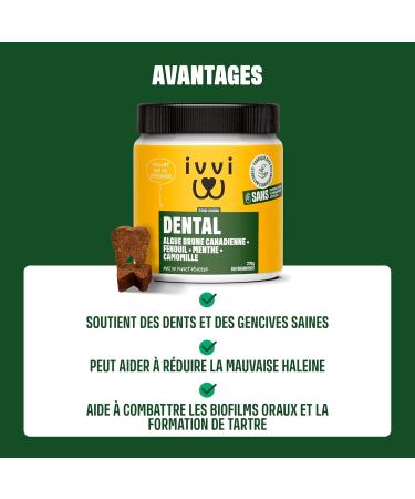 ivvi Dental - Dental Hygiene Snacks for Dogs. Mint Parsley Fennel Chamomile Coconut Oil Brown Seaweed. 60 Snacks with Chicken. Promotes Healthy Teeth Fresh Breath Healthy Gums - Buy Online on GoSupps.com
