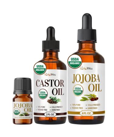 BodyJ4You Castor Oil Jojoba Oil Bundle - USDA Certified Organic Pure Oils Value Set - Face Hair Skin Beard Nail Care - Cold Pressed Non-GMO Hexane Free Carrier Oils - Castor 2 Fl Oz - Jojoba 4 Fl Oz