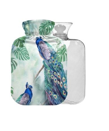 Hot Water Bottle with Cover Peacock Leaves BPA Free 2L Large Hot Water Bag for Pain Relief Bed Hand and Feet