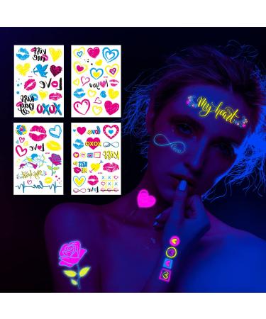 Glow in the Dark Heart Temporary Tattoos for Women - Neon Stickers for Bride, Wedding, Valentine - 4 Sheets - Buy Online on GoSupps.com