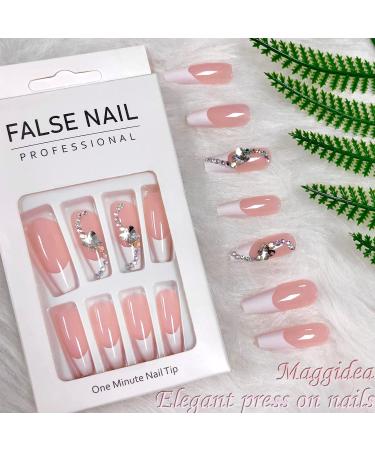 Maggidea Long Acrylic Stick on Nails - 24pcs Coffin Shaped Ballet French Design Fake Nails for Women/Girls - Butterfly Nail Tips - Buy Online on GoSupps.com