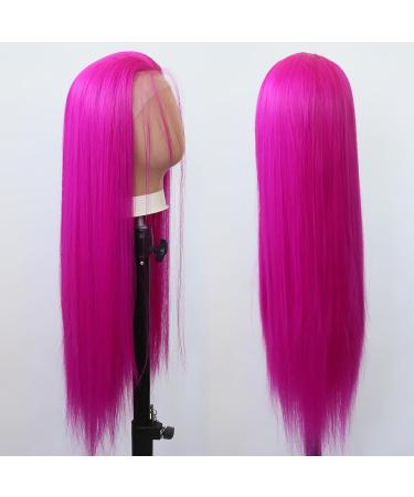 Tawarm Long Smooth Rose Red Lace Front Wig - Synthetic Glue-Free High Temperature Fiber for Women - Bright Pink Straight Daily Wear - Buy Online on GoSupps.com
