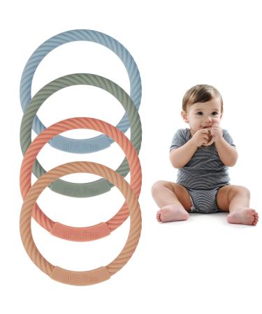 Baby Teething Rings Baby teether Toys Soft Silicone Teether Bracelets for 3+Month Babies Wearable as Mom Bracelets Baby chew Toys BPA Free 4 Pack (Ether+Sage+Muted+Apricot)