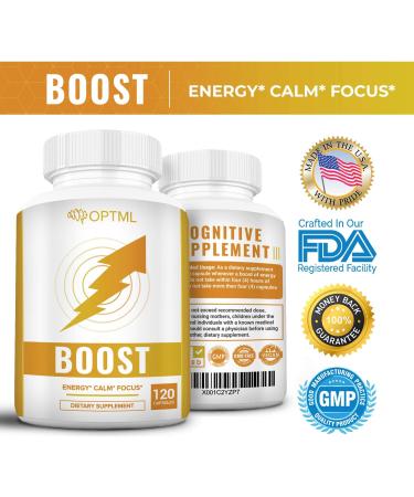 OPTML Boost: 100mg Caffeine & 200mg L-Theanine Energy Pills for Focus & Mood 120 Capsules No Crash No Jitters - Buy Online on GoSupps.com