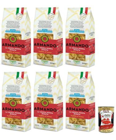 Armando La Mezza Penna Rigata bronze drawn pasta 100 Italian pasta 500 g + Italian gourmet Polpa di Pomodoro 400 g can
