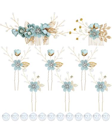 inSowni 20 Pieces Rhinestone Pearl Bridal Wedding Party Prom Light Green Flower Hair Side Combs Slides +U-shaped Floral Hair Pins+Twist Spiral Pearl Hairpins for Brides Bridesmaids Girls Women
