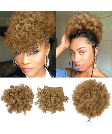 Afro Puff Drawstring Ponytail with 2 Bangs Pineapple Hair for Black Women Synthetic Short Kinky Curly Ponytail Bun with 2 Replaceable Bangs(27#) 3 Piece Set 27#