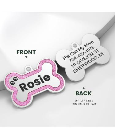 Yhananti Personalized Dog Tag - Engraved Stainless Steel Pendant for Small to Medium Dogs - Glitter Bone Design - Customizable with Name Phone Number & Address (Pink Red) - Buy Online on GoSupps.com