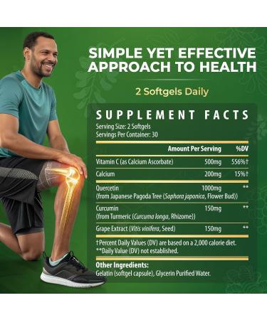 Quercetin Supplement 1000mg Softgels Joint Health Supplement for Mobility Flexibility & Antioxidant Boost with Turmeric Grape Seed Extract & Non-Acidic Vitamin C 30 Vegan Softgels 30 Count (Pack of 1) - Buy Online on GoSupps.com