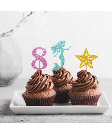 Mermaid Eight Cupcake Toppers Under The Sea Themed Eight Year Old Cupcake Toppers Mermaid Happy 8th Birthday Dessert Picks Little Mermaid 8th Anniversary Party Decoration - Pink Glitter - Buy Online on GoSupps.com