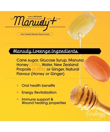 Manudy+ New Zealand Manuka Honey Sweets Throat Lozenge Natural Flavor 25 Lozenges (Ginger) - Buy Online on GoSupps.com