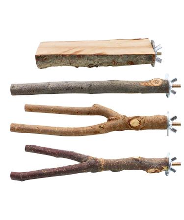BILLIOTEAM 4 Pack Natural Wood Bird Perch Parrot Stand Branches Fork Toys,Pet Bird Cage Wooden Hanging Perch Platform Hammock Swing Toy for Small Parakeets,Budgies,Cockatiels,Conures,Macaws,Finches