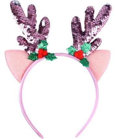 Christmas Sequins Antler Headband Fabric Glitter Reindeer Antlers Ears Hairhoops for Holiday Party Favor Headpiece(Pink) 23x16cm Pink - Buy Online on GoSupps.com